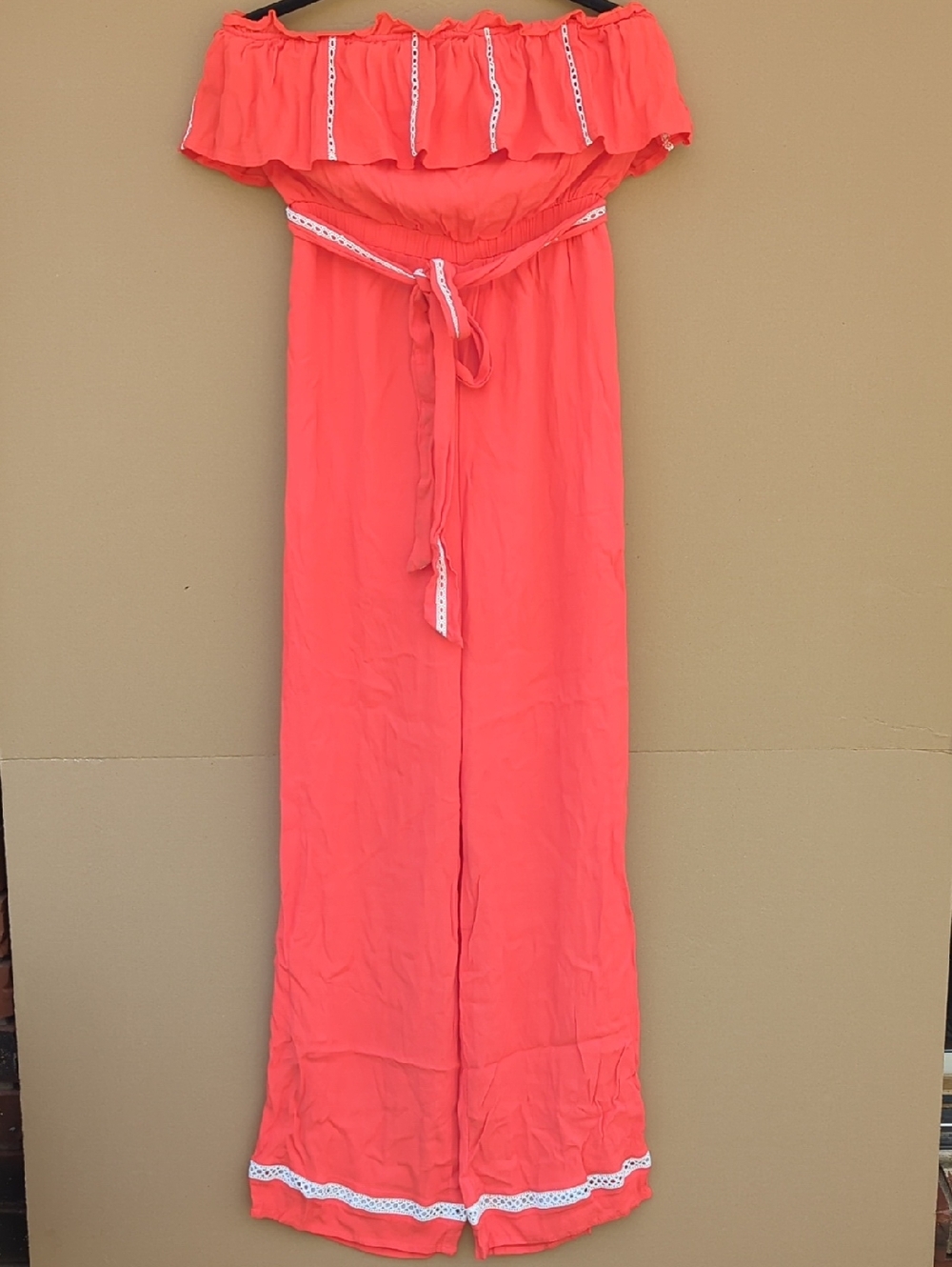 Strut & Bolt Boho Ruffled Jumpsuit off shoulders wide legs red medium vacation